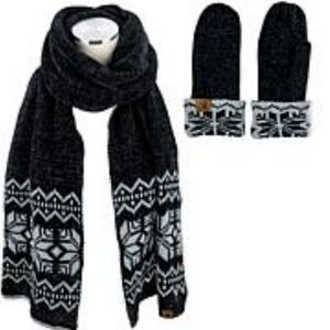 New! Bearpaw Fair Isle Chenille Scarf and Mitten Set Black/Gray